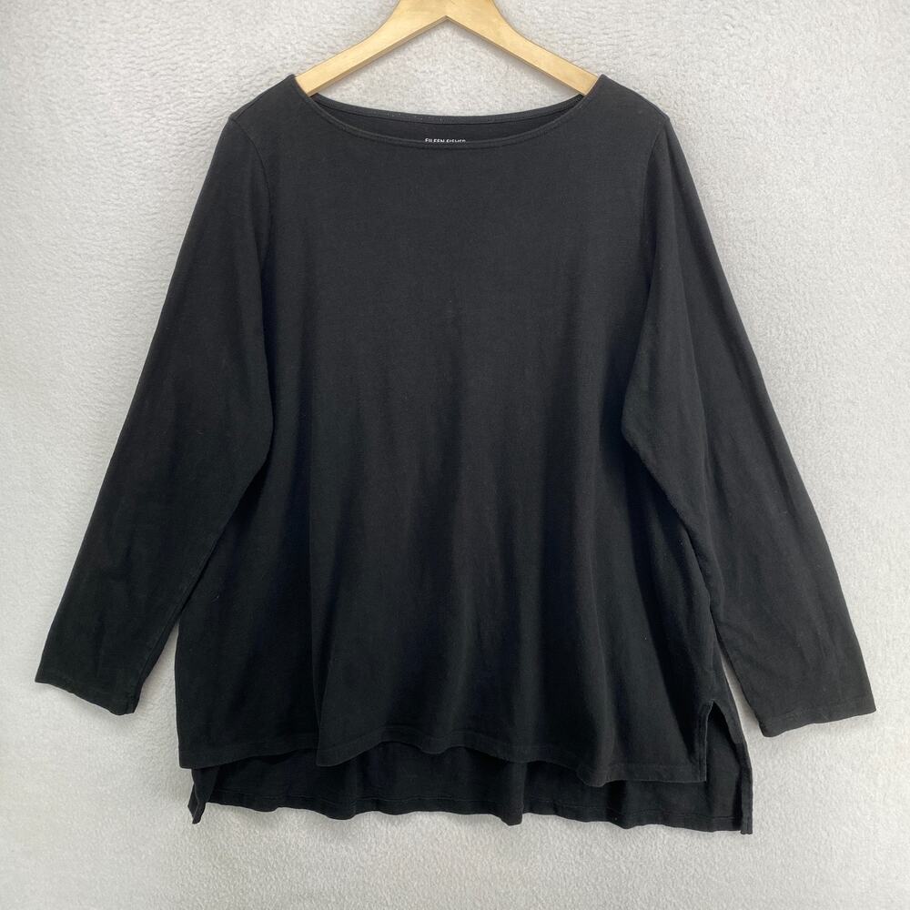 EILEEN FISHER Top 1X Slub Organic Cotton Jersey Tunic Boatneck Long Sleeve Black